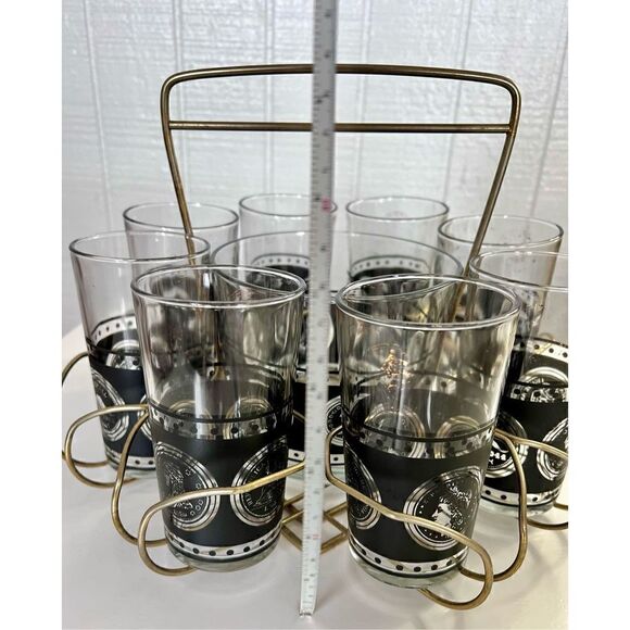 Vtg Hazel Atlas Coins Of the World 8 Glasses, Ice Bucket Black Gold & Caddy MCM - Picture 12 of 16